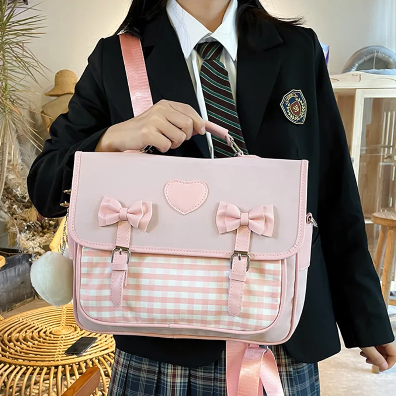 Japanese Backpack Bow Messenger Bag Student Checkerboard  Shoulder Bag For Teenagers Girls Backpack