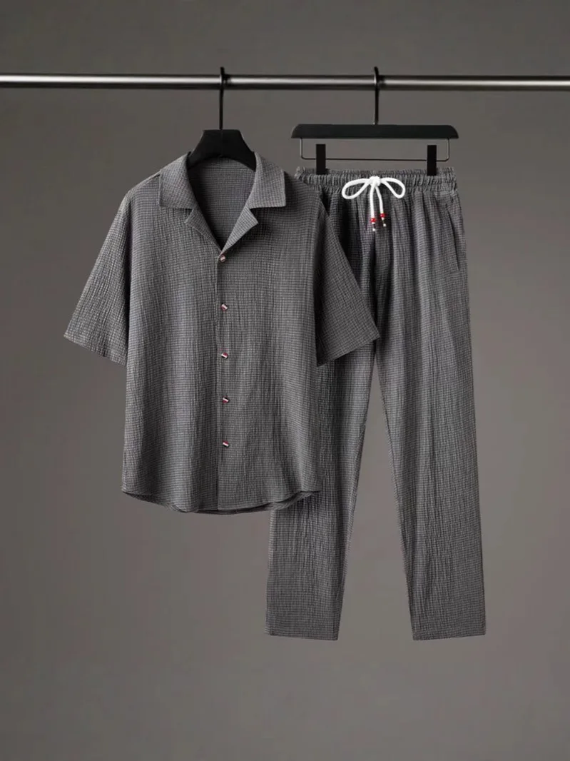 

Summer Men Two-piece Set V-neck Single Breasted Shirt Elastic Waist Pants French Fashion Solid Color High Street Casual Sets