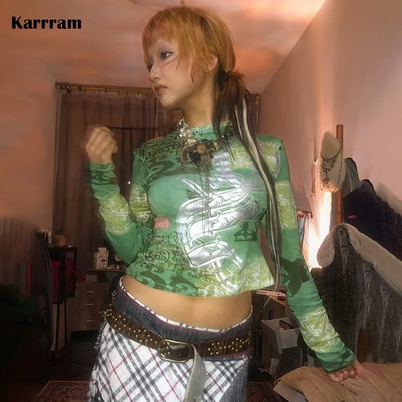 Karrram Japanese Y2k Crop Top Trashy 2000s Graffiti Print Long Sleeve T-shirt Grunge Aesthetics Vintage Streetwear Harajuku 90s