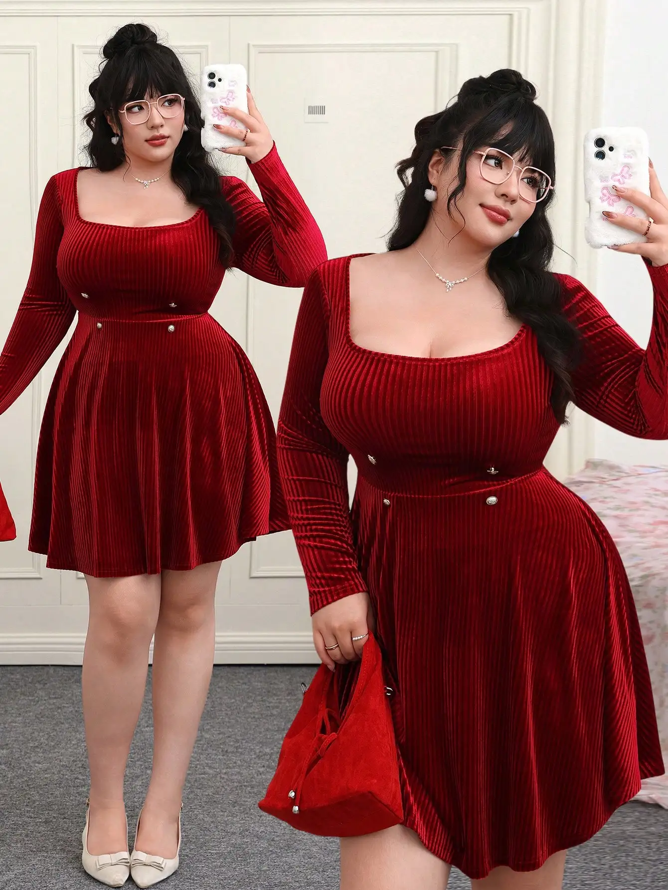 

Plus Size Red Velvet Square Neck Long Sleeve A-Line Dress for Party Date