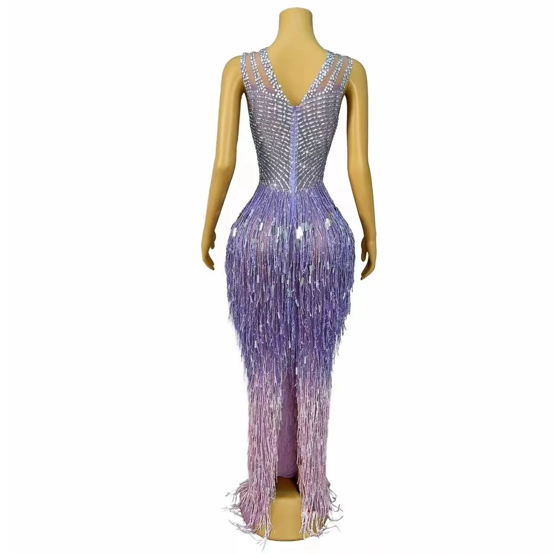 purple sequin tassel dress Sequin Fringe Slit Gown Purple / S