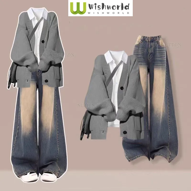 

Autumn and Winter Elegant Luxury Set Korean Knitted Sweater Casual Shirt+Wide Leg Jeans 3-Piece Set