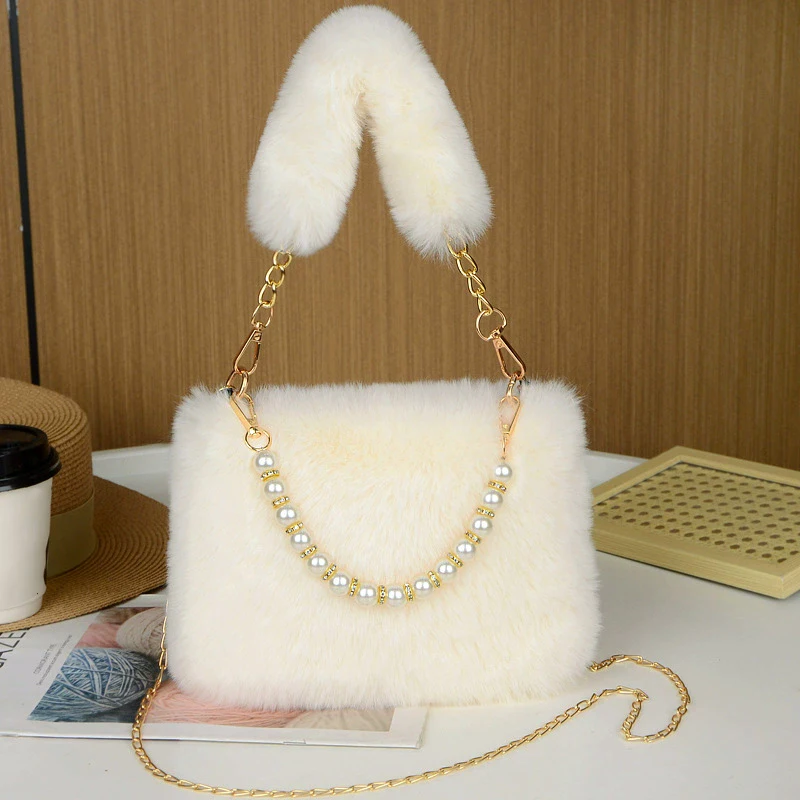 Modische Perle Kaninchenfell Handtasche Damen Umhängetasche Kette Design Winter Kleine vielseitige Umhängetasche – Detail 18