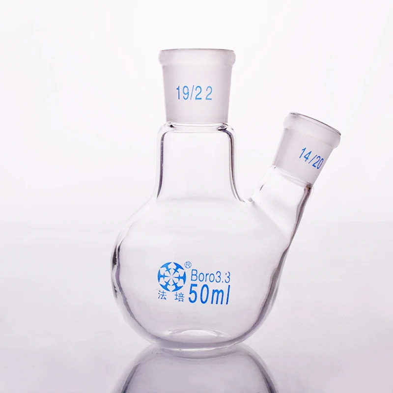 Two-necked flat-bottom flask oblique shape,With two necks standard grinding mouth 25mL50mL100mL250mL500mL,Mid 19/22,Side 14/20