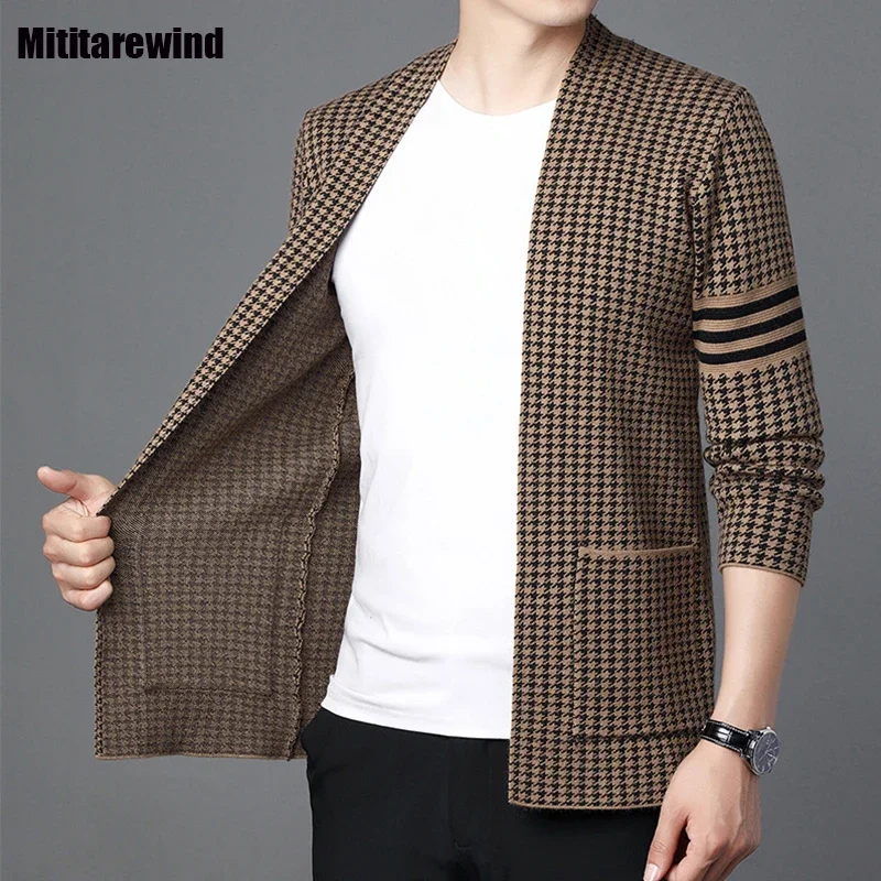 Korean Fashion Cardigans for Men Spring Fall Office Casual Mens Sweater V-neck Houndstooth Sweaters with Pockets Slim Knitwear