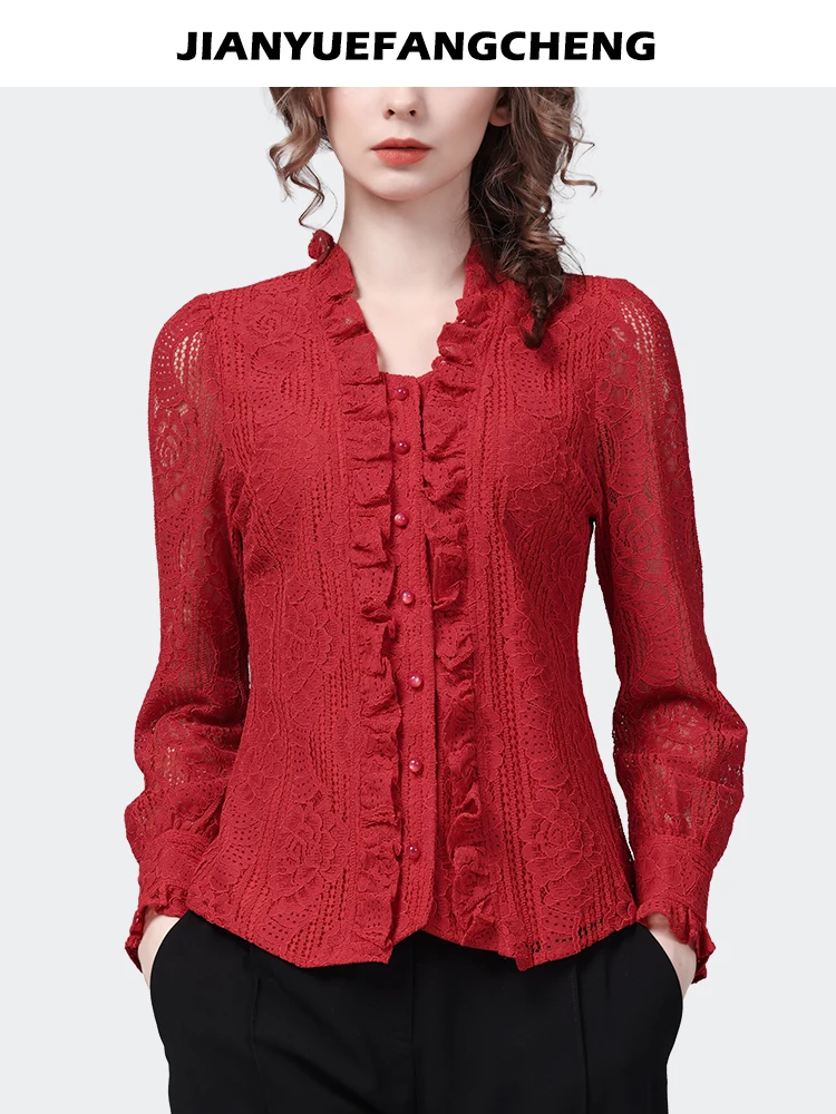 Fashion Square Neck Ruffles Red Lace Shirt Women\' 2024 Spring Summer Tops Elegant Hollow Out Chic Office Ladies Blouses