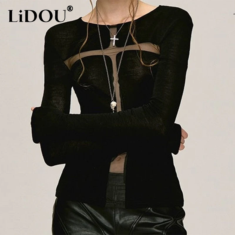 

Spring Autumn Street Style Hollow Out Slim T-shirt Female Long Sleeve All-match Bottoming Pullover Top Women Sexy Fashion Tee