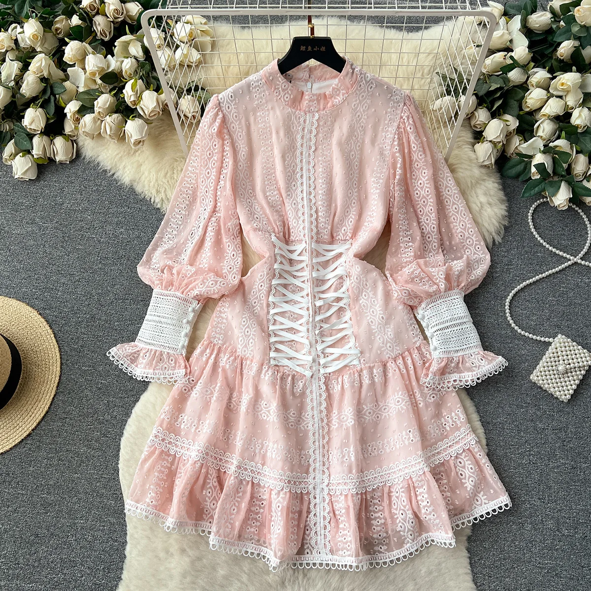 Dresses For Women 2023 Luxury Fashion Waist Lace Up Embroidery Dress Spring Long Sleeve Elegant Wedding Guest Party Mini Dress