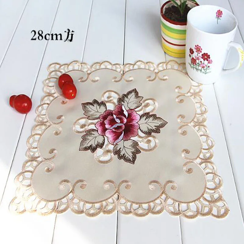 HOT satin Rose flower embroidery place table mat cloth pad Christmas wedding placemat kitchen Table decoration and accessories