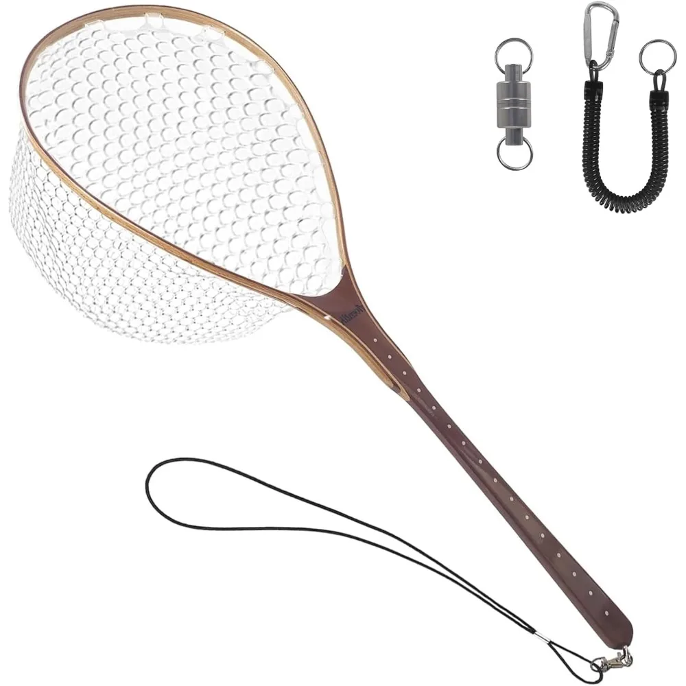 Fly Fishing Net Landing Net Trout Fishing Wooden with Measuring Mark Soft Rubber Bag Catch & Release