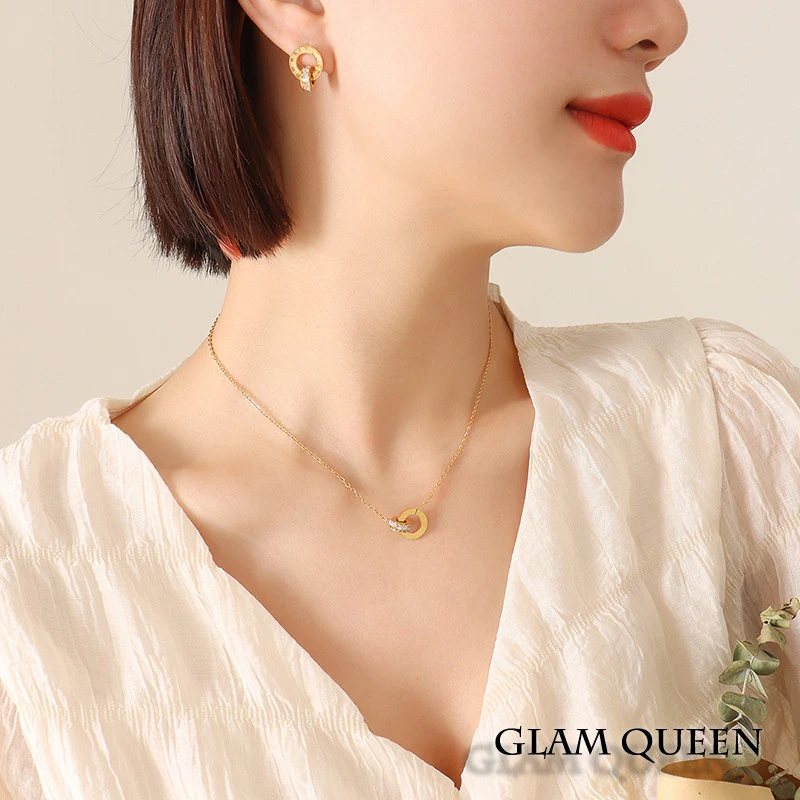 GLAM QUEEN New Design Jewelry Stainless Steel Zircon Necklaces 18K Gold Plated Earrings Beauty and Fashion Jewelry Set for Women