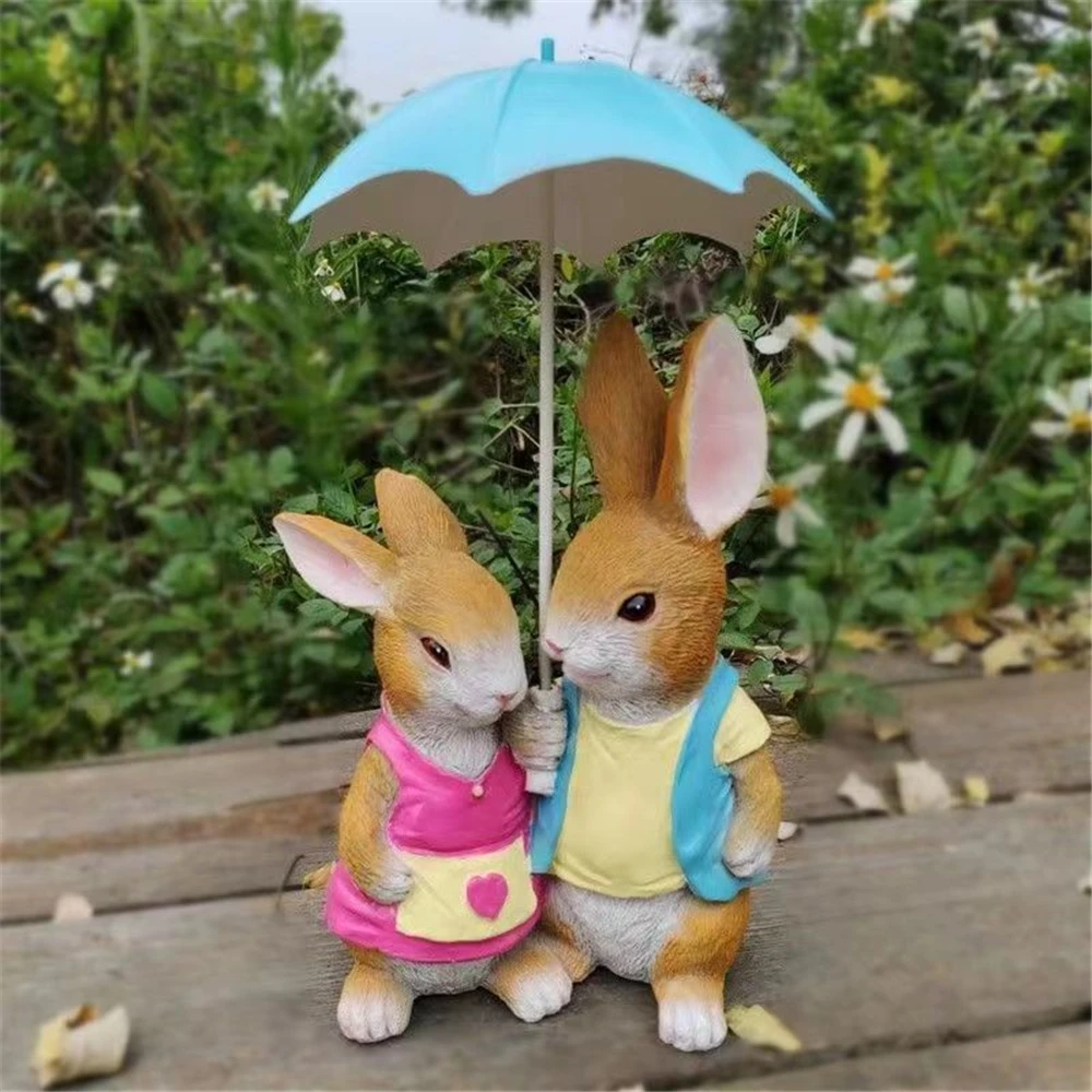 Funny Duck Figurine Cute Ornament Home Decoration Take Umbrella Lovers Duck Rabbit Statue Courtyard Garden Decor Craft Sculpture