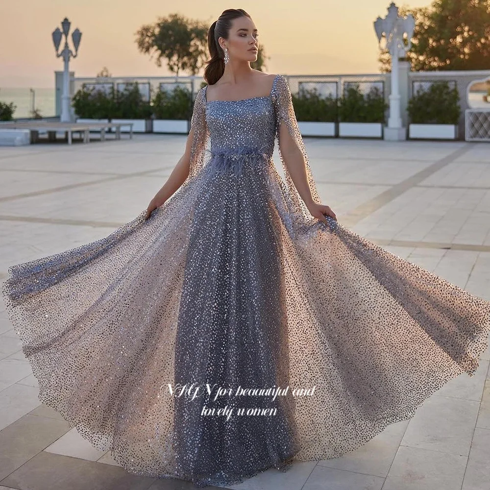 

NFYN Glitter Party Dress Square Neck Long Sleeve Prom Dress Feathers Belt Evening Celebrity Gala Gowns for Women Customized