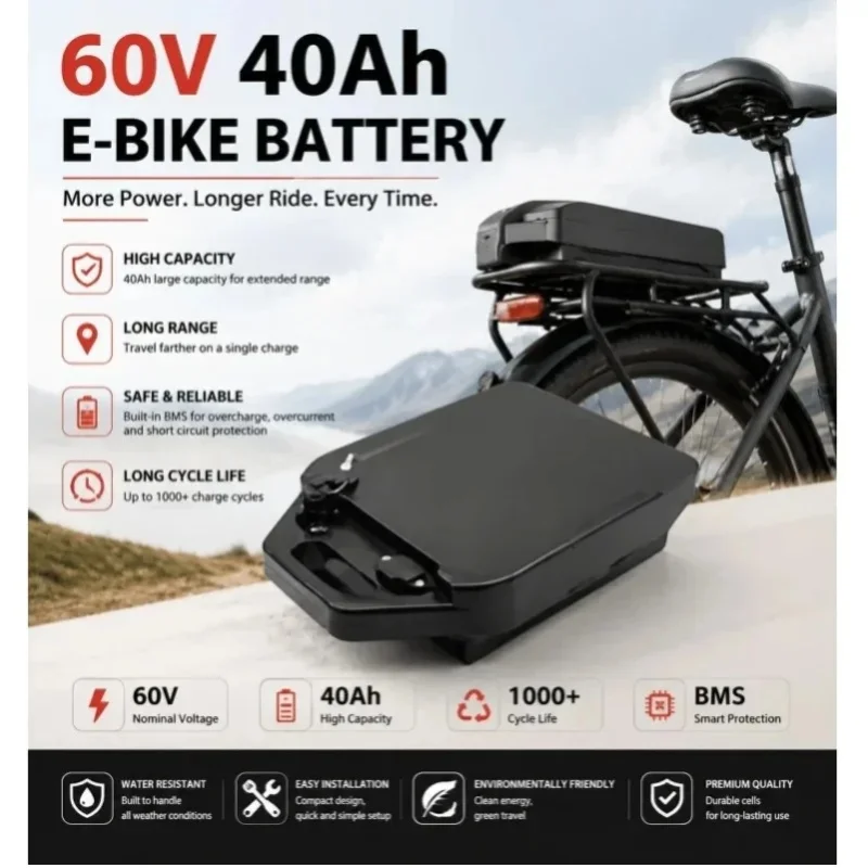 60V 40Ah Lithium-Akku für Elektrofahrräder, Gepäckträger-Akku für E-Bikes mit integriertem BMS-Schutz, bis zu 1000 Ladezyklen, wasserdichter Ersatzakku für Elektrofahrräder