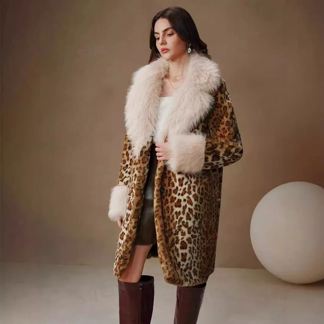 

KIDCRKJ Winter Women Mink Fur Jacket Leopard Print Big Fur Collar Faux Fur Outwear For Female Long Over The Knee Lady Fur Coat