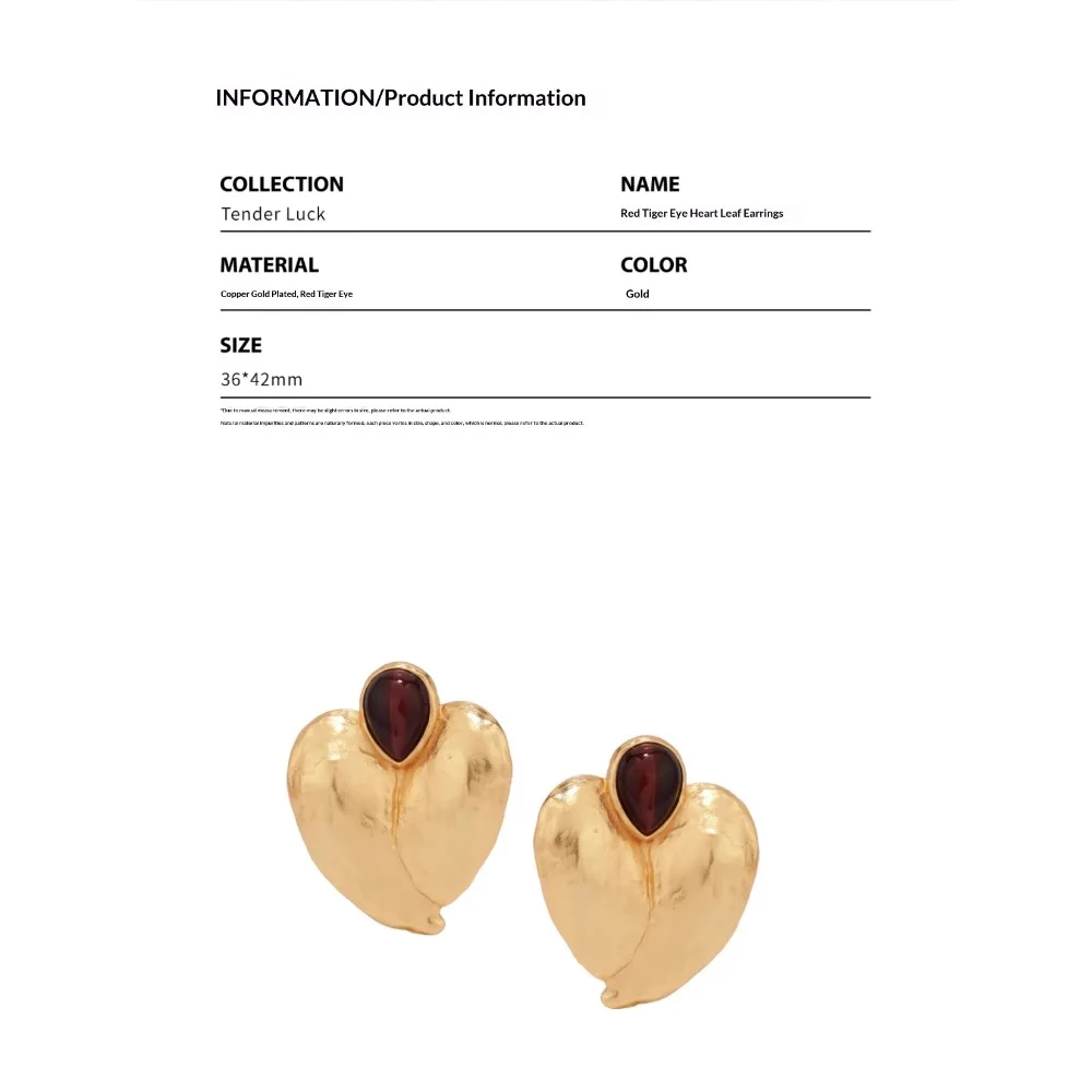 Red Tiger Eye Heart Leaf Shape Large Earrings, Gold Vintage Finish Stud Earrings, High-Grade Fashion Jewelry for Women M834