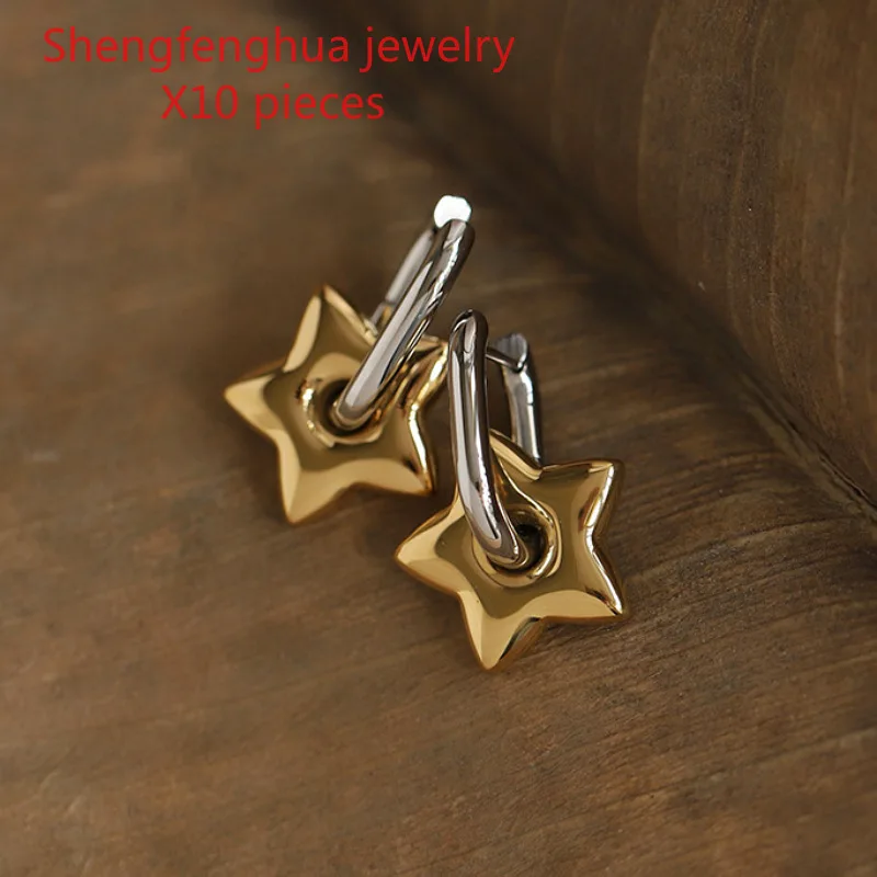 

Free shipping 10pcs Free shipping e-commerce new French contrasting stainless steel five-pointed star oval earrings vacuum elec