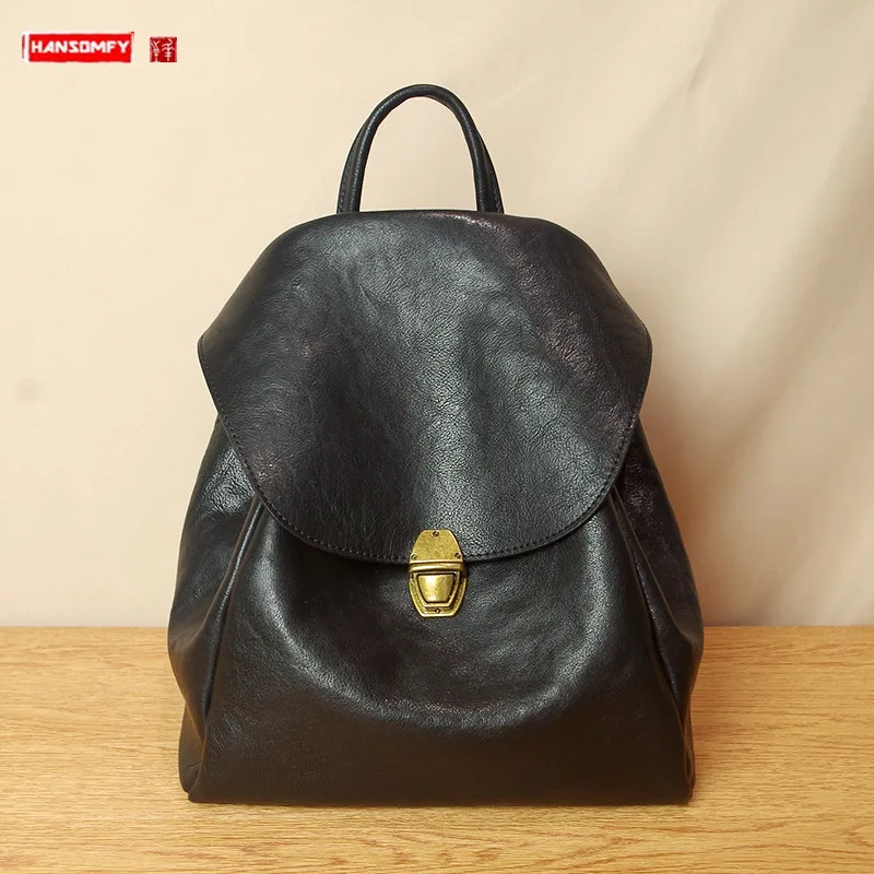 

Original simple Cowhide leather women's backpack shoulder bag ladies school bag 2024 new retro soft black leather Hasp backpacks