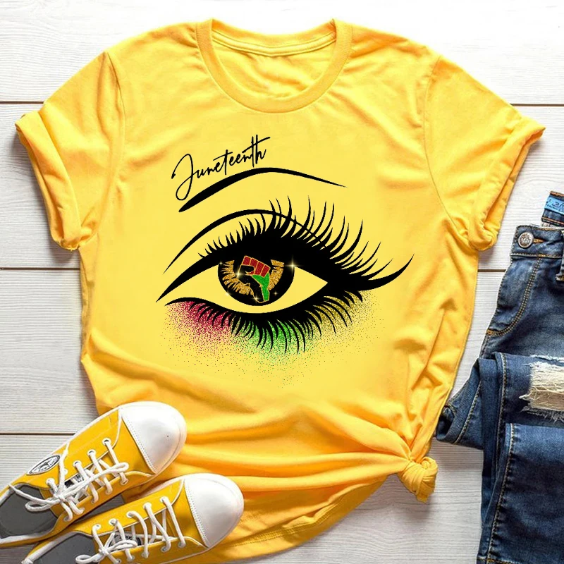 Damskie codzienne koszulki T-shirty letnie nowa moda melanina czarnoowłosie dziewczyny graficzny nadruk żółta koszulka damska z krótkim rękawem z nadrukiem kreskówkowym