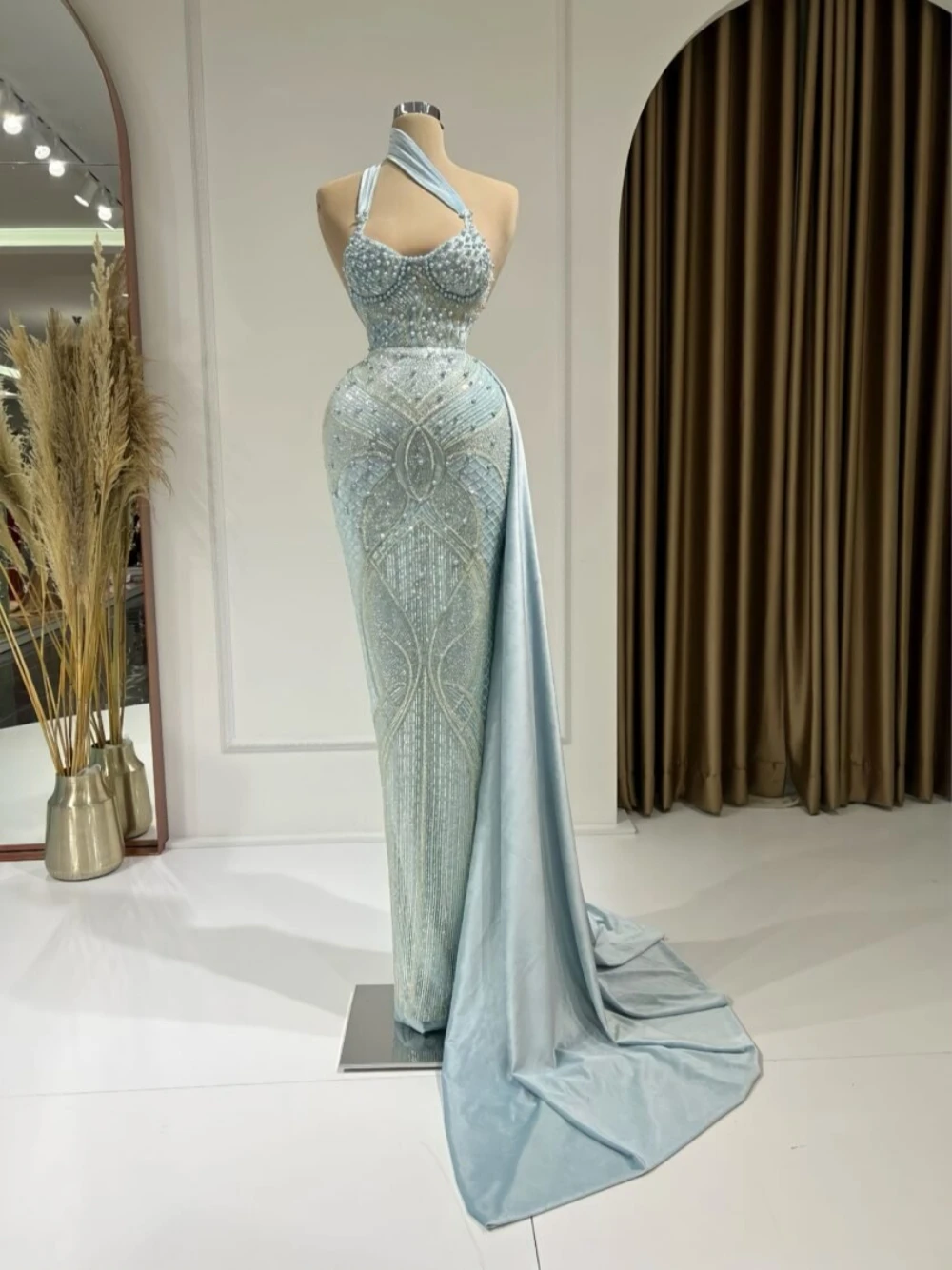 Exquisite Blue Side Tail Beaded Evening Dress Shiny Formal Events Charming Prom Gown Customized Elegant Women Pearls Cocktail