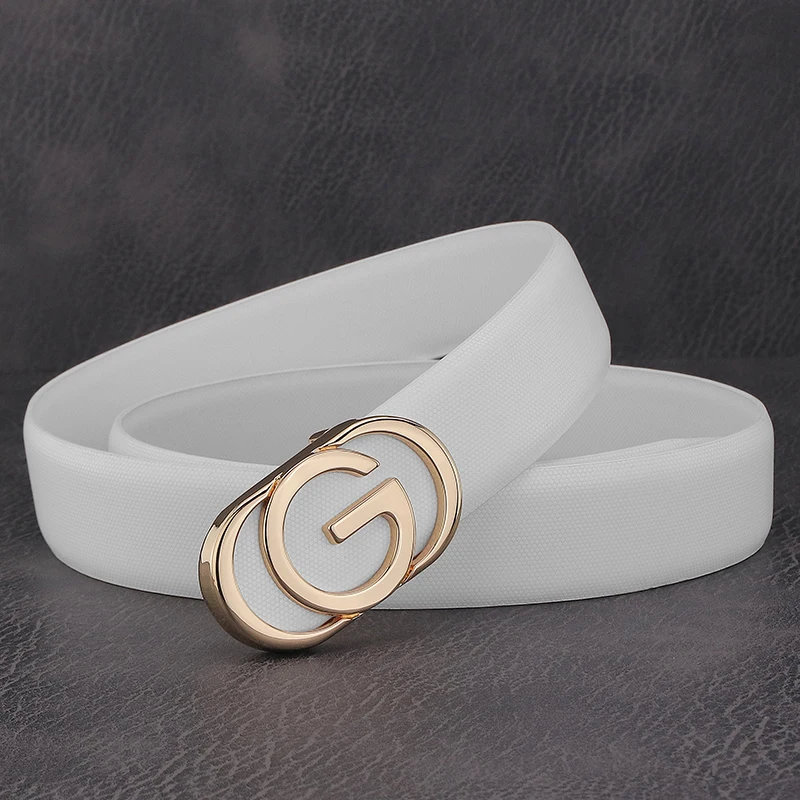Hot Sale White Belt Men's Luxury Designer Leather 3.3cm Wide Belt With Sliding Buckle G Letter Belt High Quality