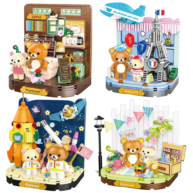 Creative Rilakkuma Bear Coffee Shop DIY Miniature Furnitures Building Blocks Architecture Micro Assemble Brick Toy Kid Girl Gift