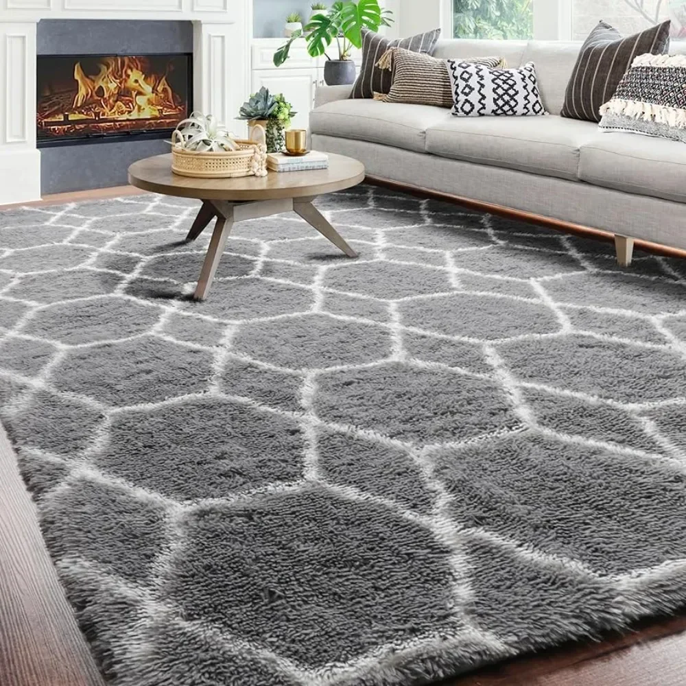 Living room carpet, large bohemian geometric grey and white carpet, bedroom soft fluffy plush upholstery, Moroccan floor carpet