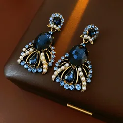 Vintage Aquamarine Earrings for Women Oval 2025 New Fashion Pearl Drop Earring High-end Dazzle Luxury Designer Jewelry