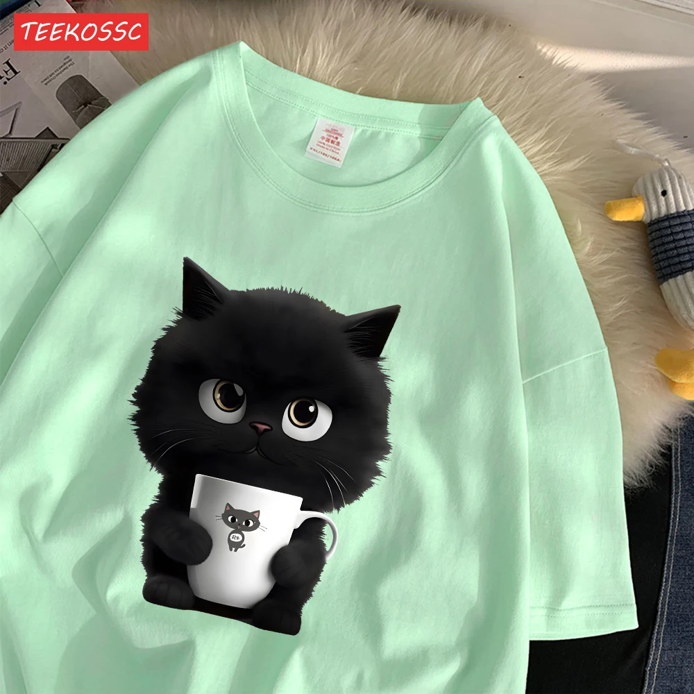 Summer Cotton Women\'S T-Shirts A Kitten Holding Cup Printing Streetwear Breathable O-Neck Loose Casual Street Female Clothes