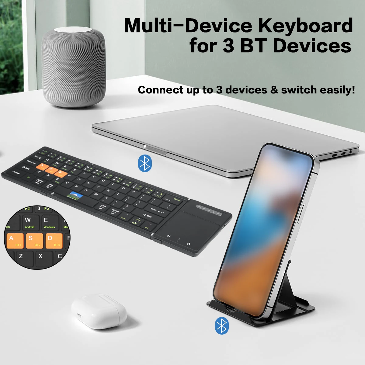 Jomaa Cell Phone Keyboard Folding Bluetooth Keyboard with Touchpad Rechargeable Smartphone Keyboard Foldable