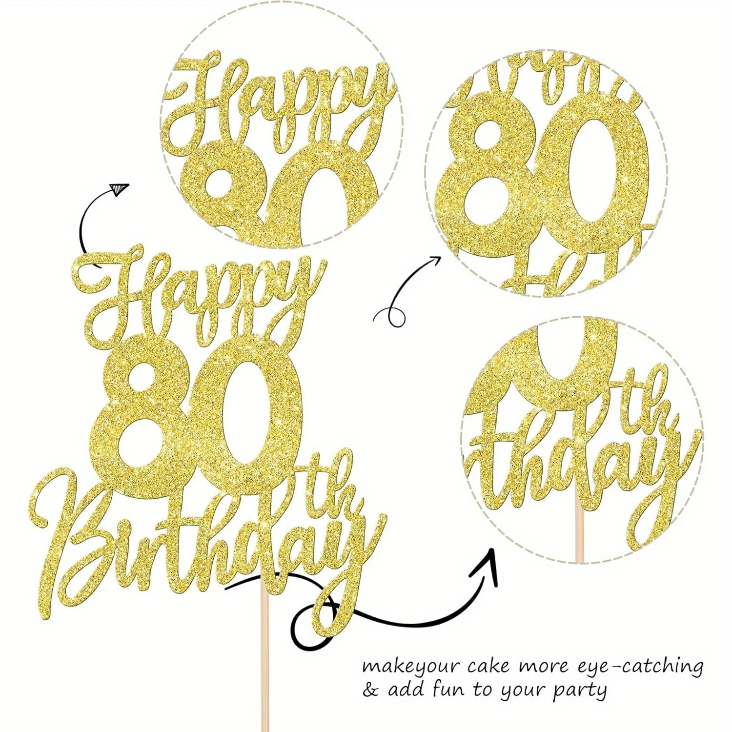 1 Stück goldfarbener Tortenaufsatz „Happy 80th Birthday“, „Cheers to 80 Years Eighty Hello 80 Kuchendekoration für Geburtstagsfeierbedarf – Detail 3