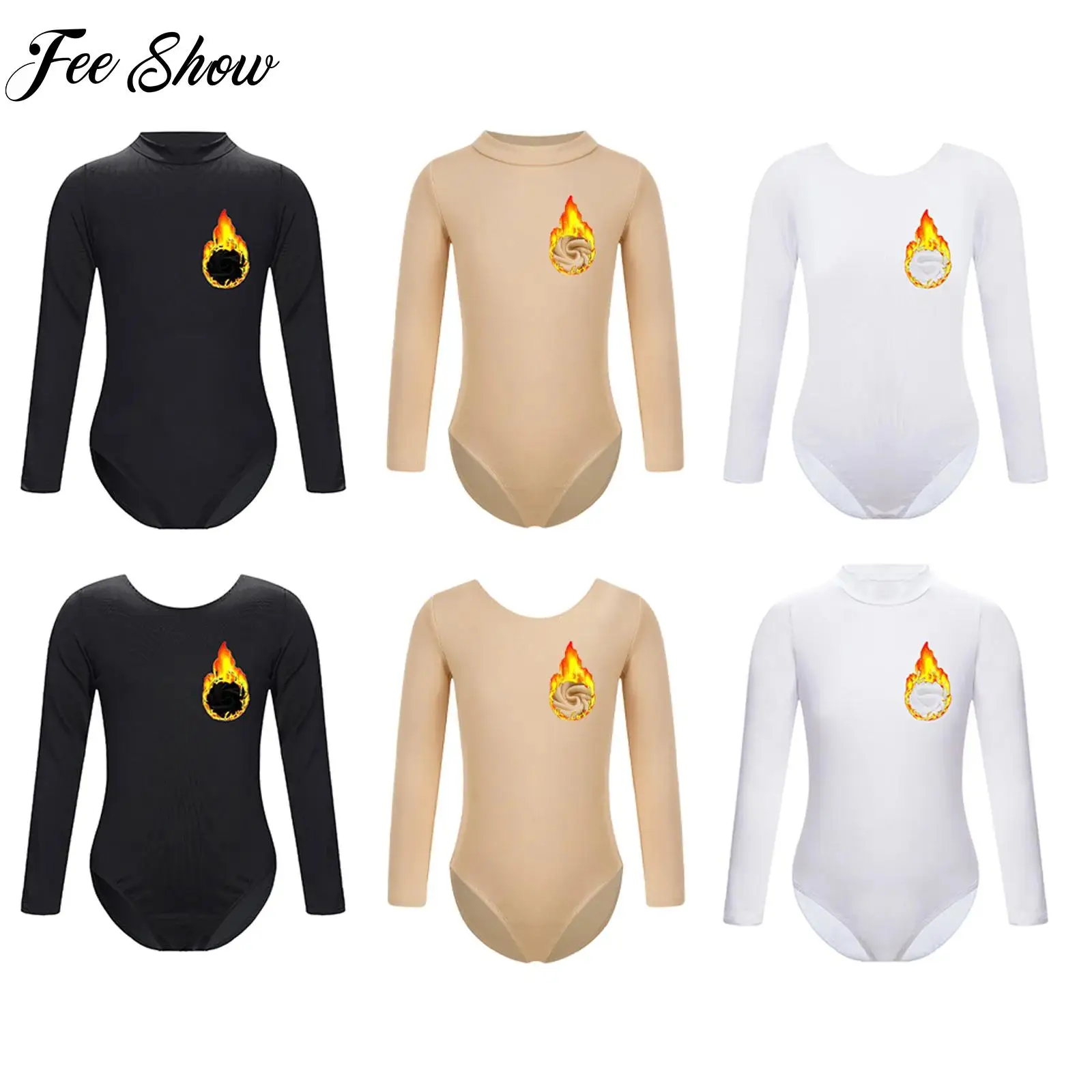 Kids Girls Fleece Lined Gymnastics Leotard Yoga Clothing Long Sleeve Solid Color Bodysuit Ballet Dance Training Warm-up Costume