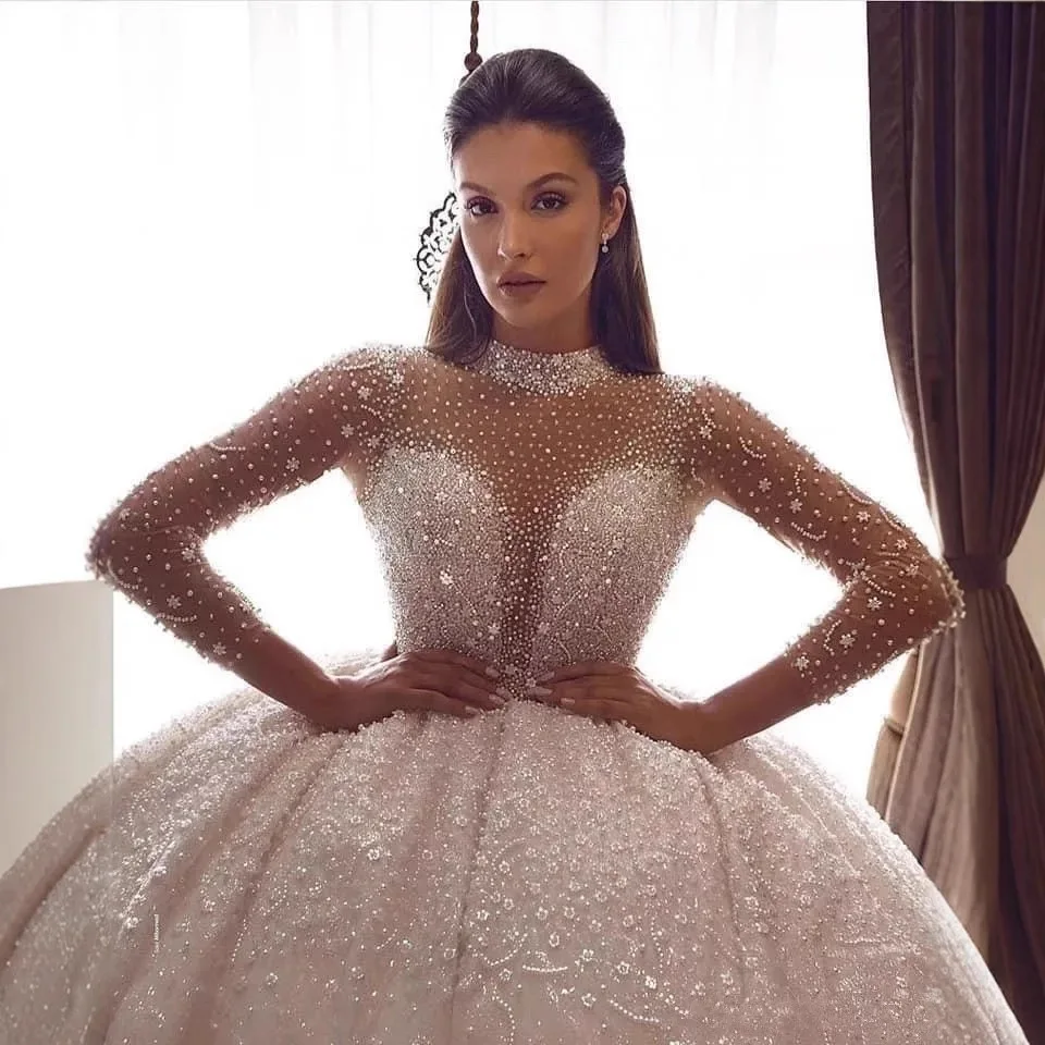 New plus size perspective strapless wedding dress 2025 new pearl sleeve fluffy wedding dress with trailing long skirt