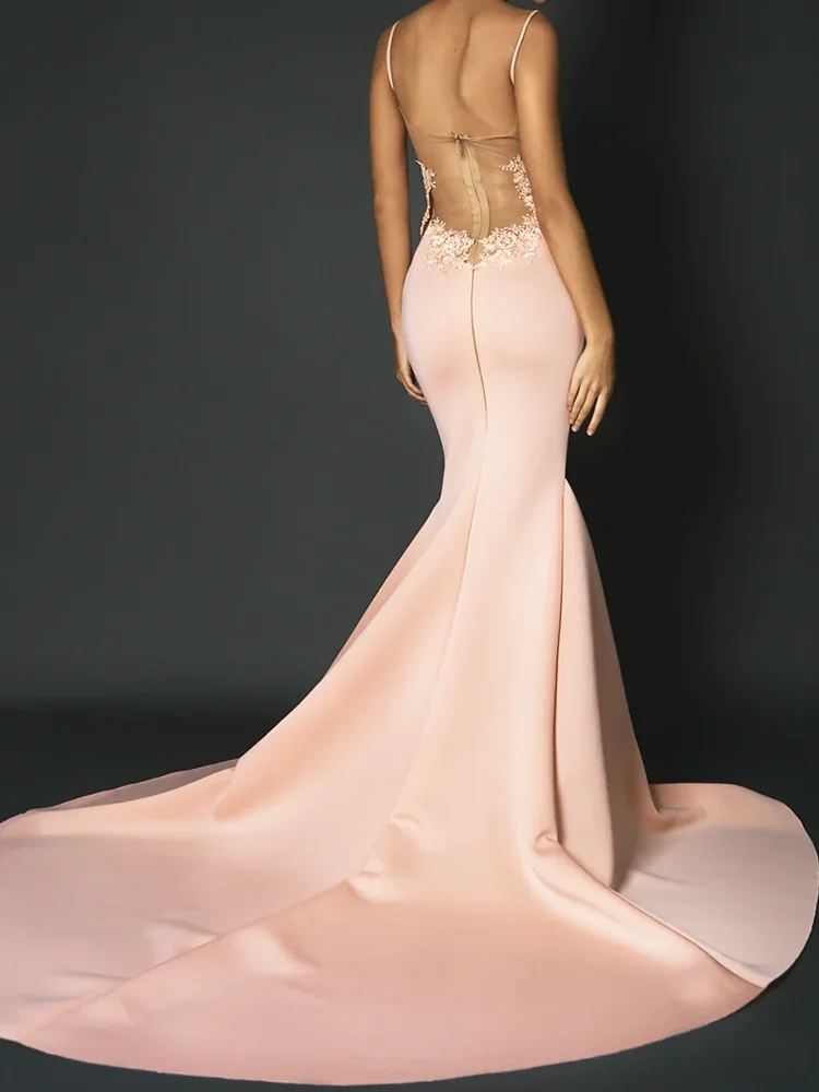 Vestidos de Noche formales de sirena con abertura lateral y espalda descubierta, apliques de satén sexys con cuello en V, vestidos de fiesta de cumpleaños personalizados