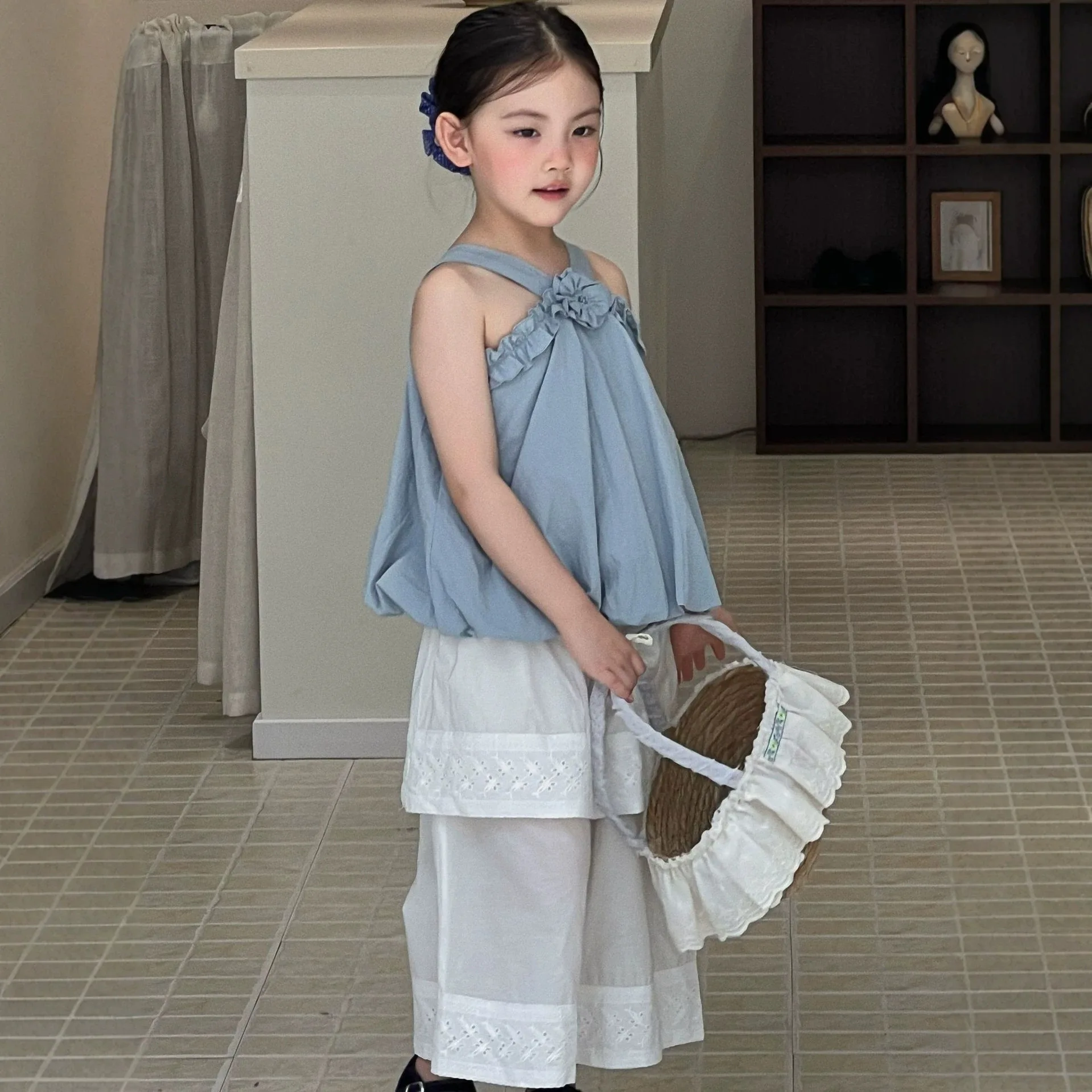 2026 Summer New Girls Three Dimensional Flower Bud Collar Sleeveless Vest Girls Top Fake Two Piece Pants