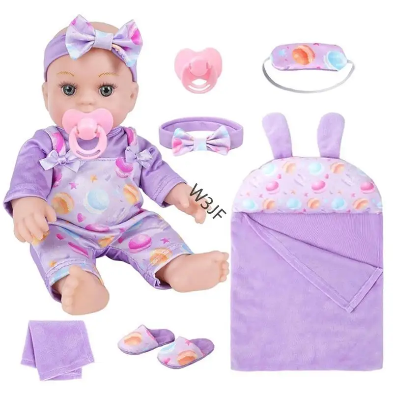 

W3JF Realistic Vinyls Baby Girl Doll 12inch with Hairband Overalls Slippers for Kids