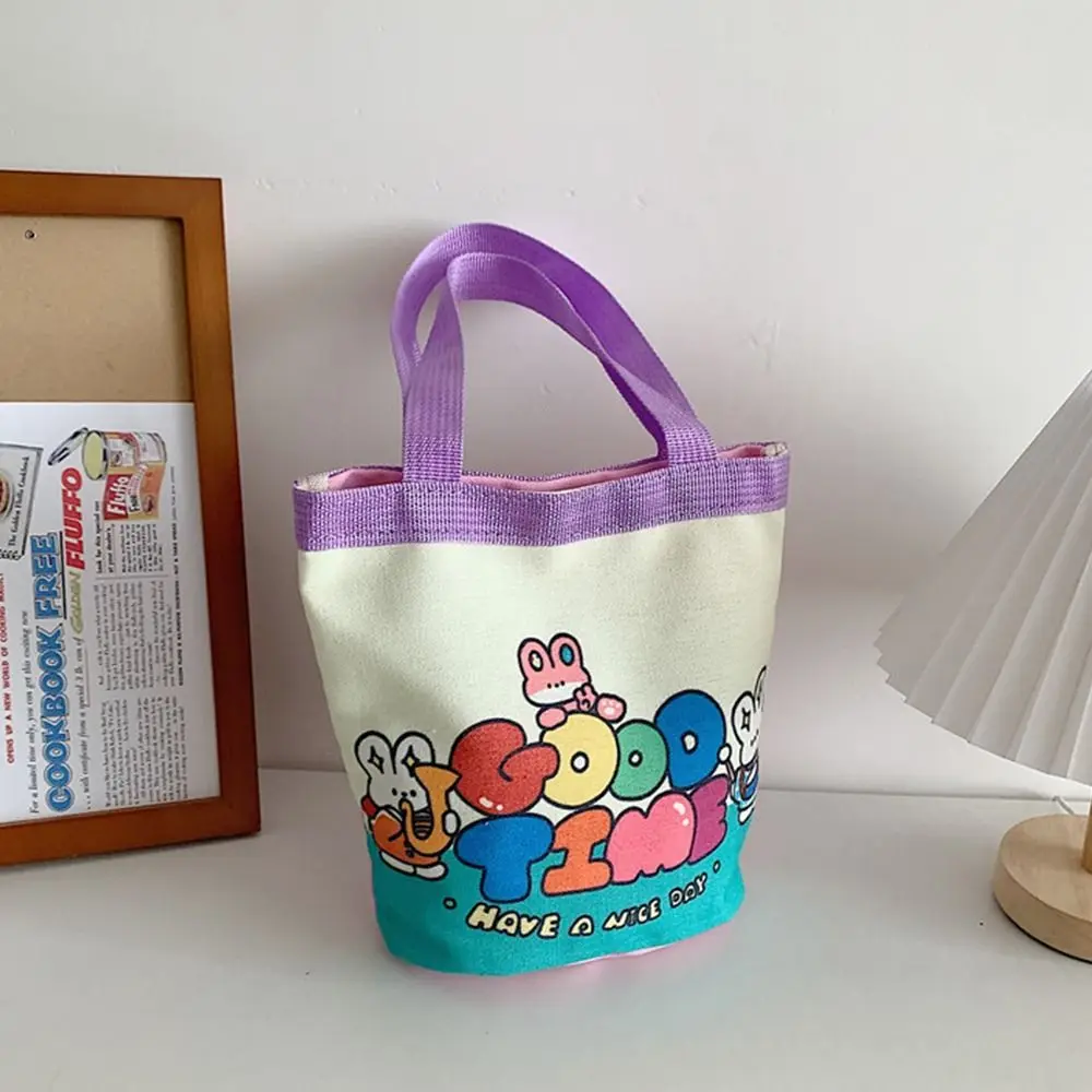 Women Handbag Lovely Cartoon Printed Bucket Bag Portable Cylinder Bag Canvas Tote Bag Students Carry Lunch Bags for Girls