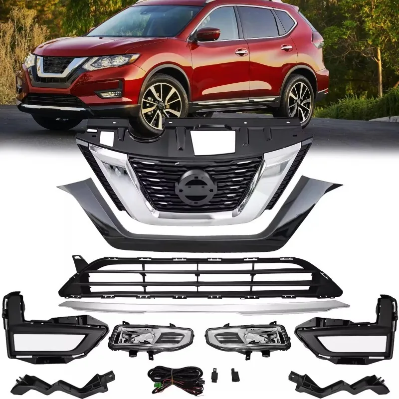Suitable for Nissan Rogue 2017-2020 Front Bumper Front Upper Lower Grille/Grill Trim/Fog Lamp Kit Fog Chrome Trim