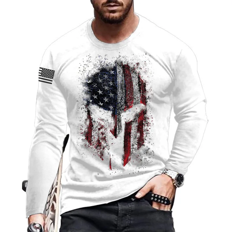 National Flag Pattern Helmet Men's Fashion T-Shirts Spring Autumn Long Sleeve 3D Print Street Male Tops Tees Plus Size 6XL