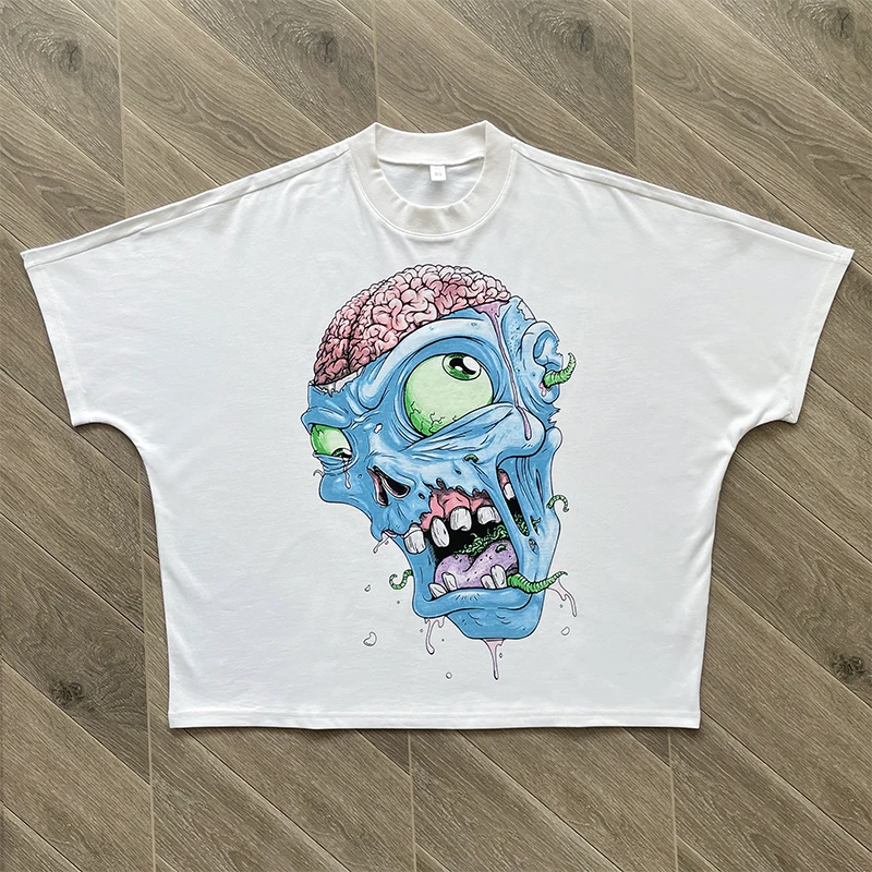 

Women Men Blutosatire T-shirt American Casual Loose Tee Y2k Cotton Brain Print Blue Monster Pattern Graphic T Shirts Harajuku