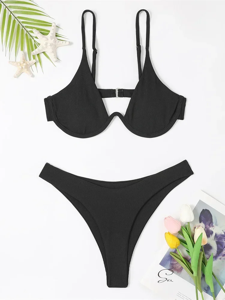 بيكيني مثير من Underwire موضة 2024 بدلة سباحة نسائية مضلعة باللون الأسود والأبيض بدلة سباحة برازيلية مفرغة ملابس سباحة رفيعة