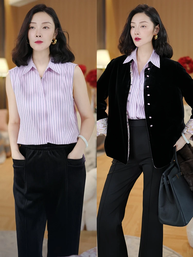 

Женский топ без рукавов из смесового хлопка с вертикальными полосками и воротником-стойкой, универсальный, для многослойных образов