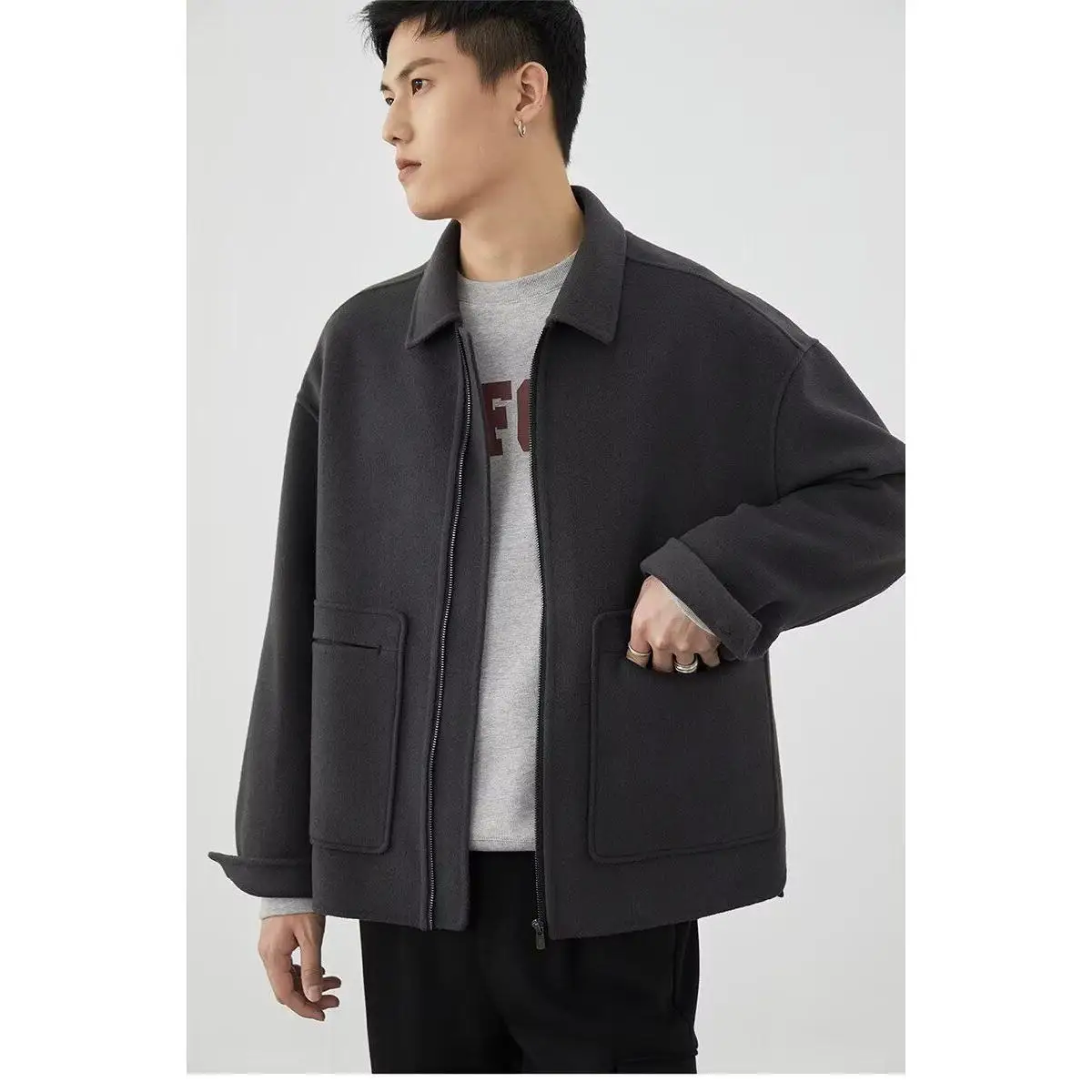 Retro Short Woolen Jacket Men's Trendy Loose Thickened Notch Collar Jacket Japanese Style Simple Woolen Coat Autumn Winter