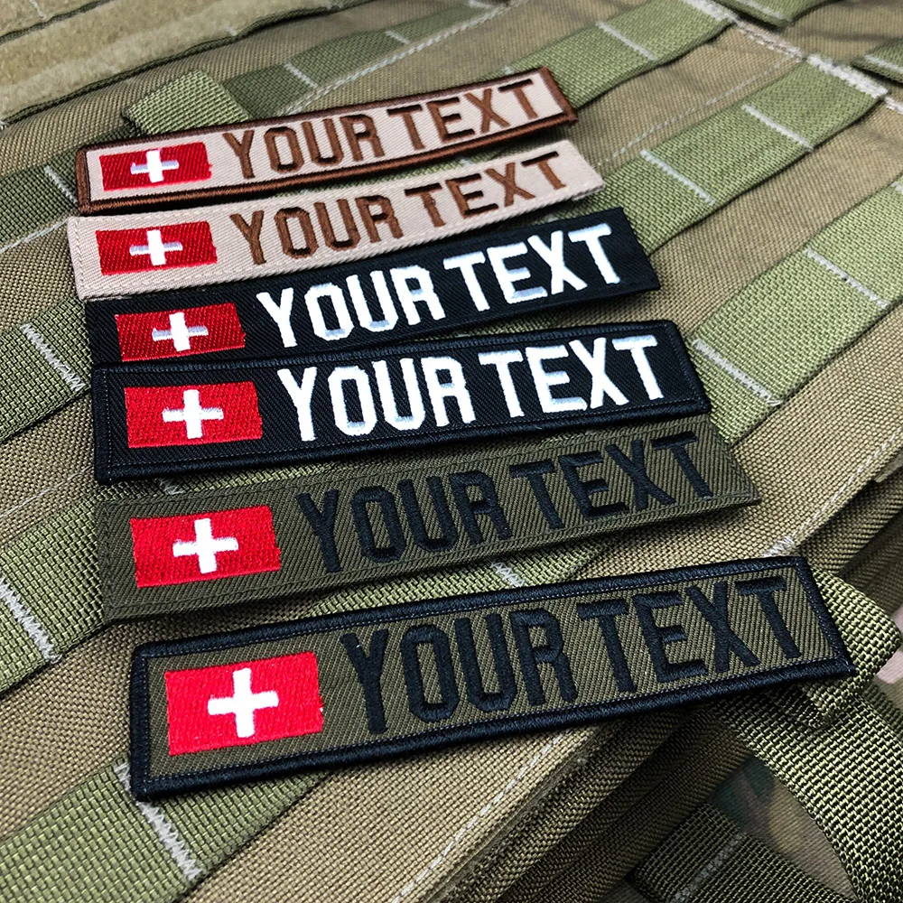 Embroidery Patch Hook and Loop Multicam, Switzerland Flag, Custom Name Tape, Green, ACU, Black, Tan, EMR, AOR