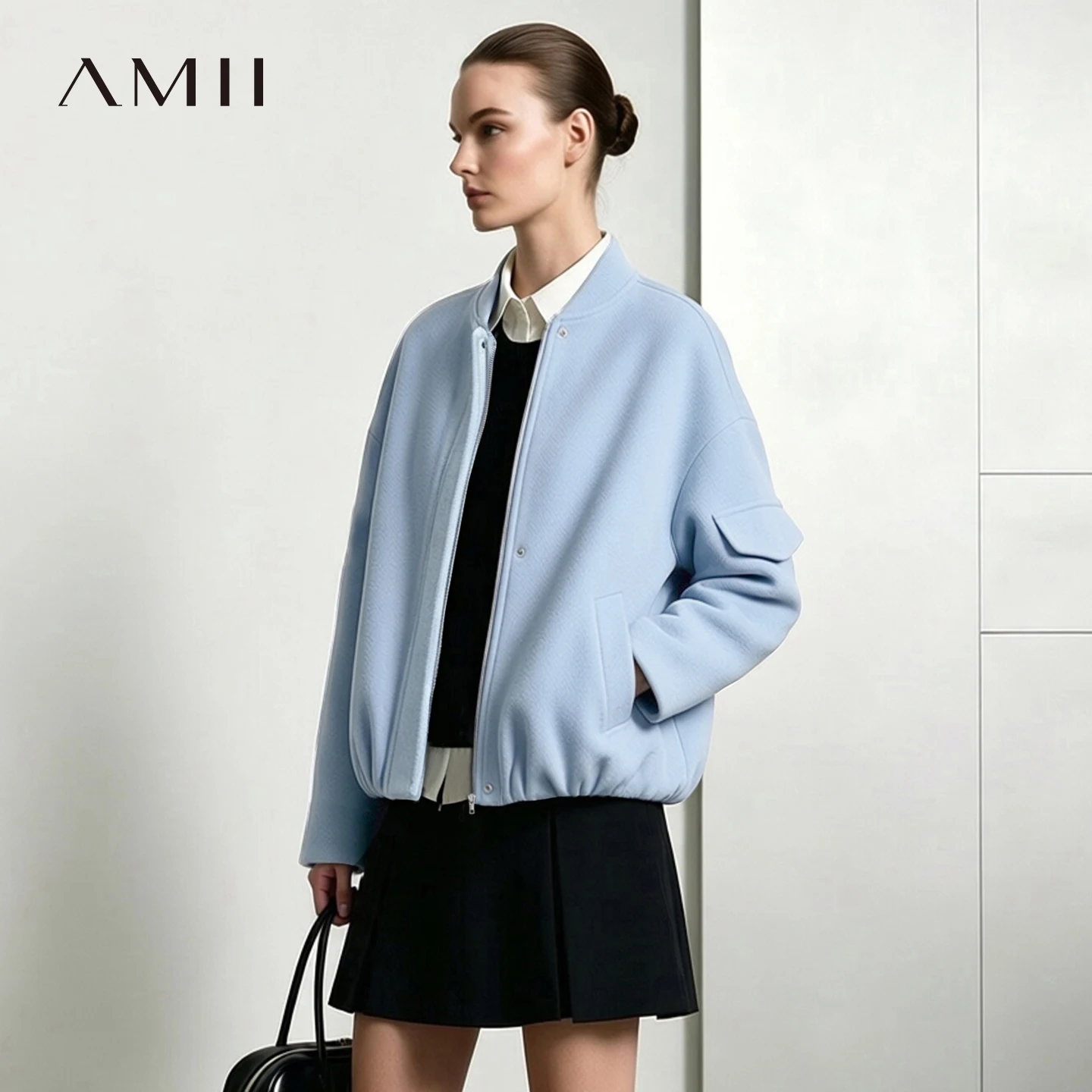 Amii Women's Woolen Coat 2026 Winter New Baseball Collar Drop Shoulder Long Sleeve Woolen Jacket Loose Casual Thick Top 12644035