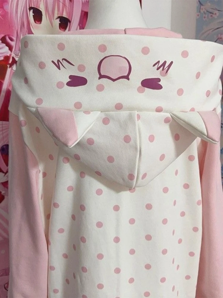 الخريف Kawaii فضفاض الوردي معطف طويل الأكمام المرأة تصميم الحلو سستة البولكا نقطة مقنعين اليابانية الدافئة جميل موضة البلوز #4