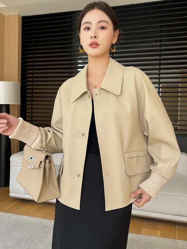 High-end Casual Cropped Genuine Leather Jackets for Women 2024 New Trend Ribbed Knitted Cuff Design Natural Sheepskin Coat