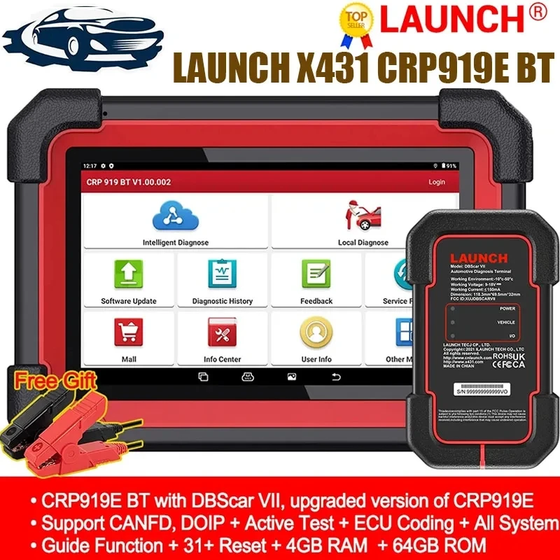 

LAUNCH X431 CRP919E BT Car Diagnostic Tool OBD2 Scanner DBScar VII VCI Auto with Active Test ECU Coding CANFD DOIP 31+ Reset