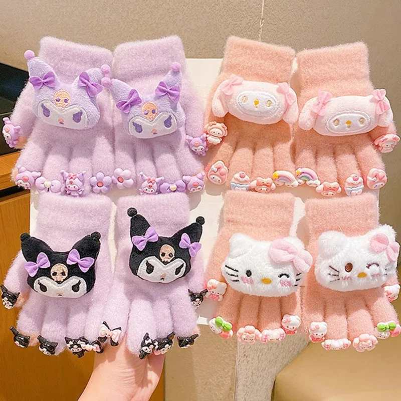 0-12 Year Sanrio Hello Kitty Gloves for Kids with Decor Doll Cute Kuromi Cold-Proof Winter Keep Warm Finger Gloves Girls Gifts