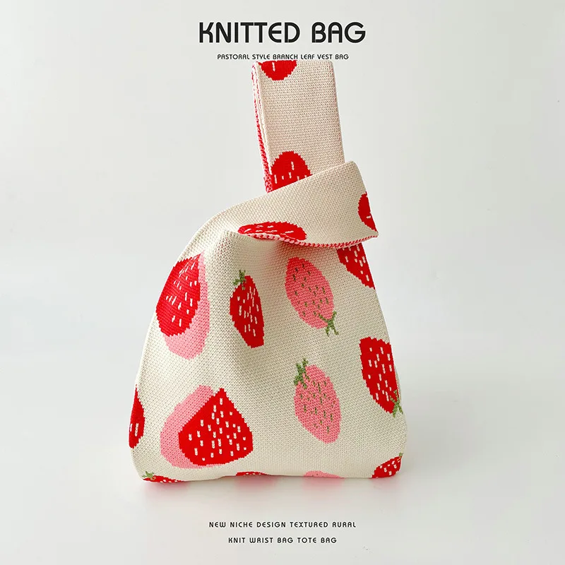 Handmade Knit Handbag Strawberry Pattern Women Knitted Bag Wrist-Bag Female Casual Color Tote Bag Student Reusable Shopping Bags